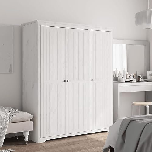 Hommdiy Kleiderschrank Garderobenschrank mit Kleiderstange Türen, Schlafzimmerschrank Schrank mit Stauraum, Holzschrank Flurschrank BODO Weiß 146x53,5x173 cm Massivholz Kiefer