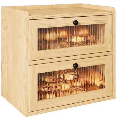 Alpeir Double Layer Large Bread Box for Kitchen Counter, Wooden Corner Bread Storage Container with Acrylic Window, Original, MT-BRD004