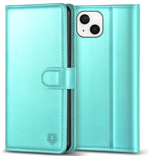 Kuafcase Compatible for iPhone 13 Case with 4 Card Slots Magnetic Closure Kickstand Shockproof Protective Phone Case Compatible for iPhone 13 - Ice Green
