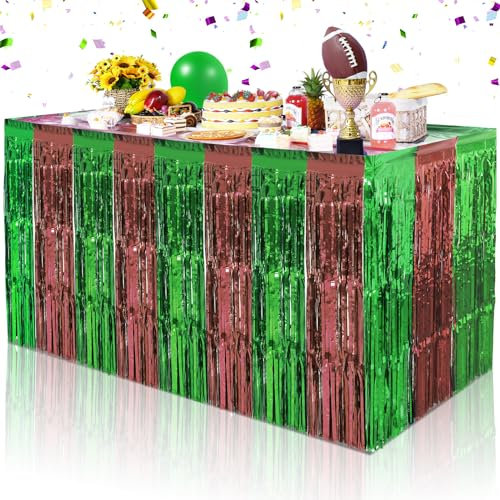 Superbowl Tischrock, Party-Dekorationen, 76,2 x 274,4 cm, Fußball-Party-Tischdekorationen, dunkelgrün-braune Folienfransen-Lametta-Tischröcke, Fußballsport, Geburtstag, Mottoparty-Zubehör, 6 Stück