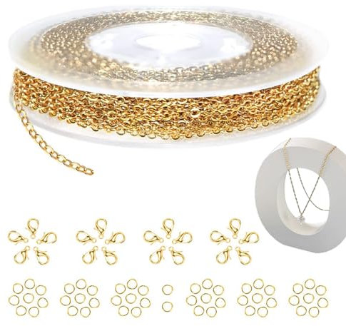 Oro Tono Catenella,Catena di Gioielli in Acciaio Inossidabile,Catena Collana Fai da Te,10 m Catene Collane Metallo Colorate,50 Anelli di Salto e 20 Chiusure di Aragosta,Per i gioielli fai da te,Oro