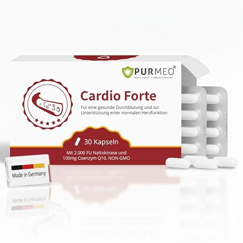 PURMEO® Cardio Forte – Nattokinase 2000 FU + Coenzym Q10 100 mg, 30 Kapseln – zur Unterstützung der Herzfunktion – mit Vitamin B1 und Folsäure – vegan, laktosefrei, laborgeprüft, Made in Germany