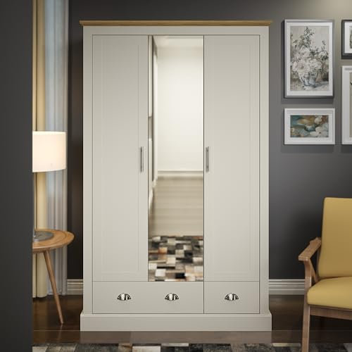 Galano Sufy 3 Door 2 Drawer Wardrobe with Mirror – Minimalist Bedroom Wardrobe with Hanging Rail and Storage Drawers – W112.5 x D56.3 x H181.5cm (Light Grey)