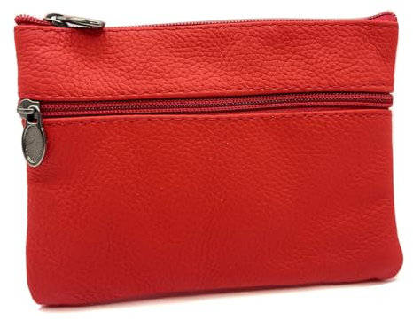 Charmoni - Portefeuille Homme - Porte Monnaie - avec Anneau Porte clé - Multi Poches zippée - en Cuir véritable - Homme Femme (Cuir, Rouge)