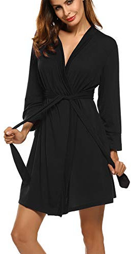 Ekouaer Women Robes Short Knit Bathrobe Dressing Gown Ladies Loungewear V-Neck Lightweight Soft Kimono with Pockets Black M