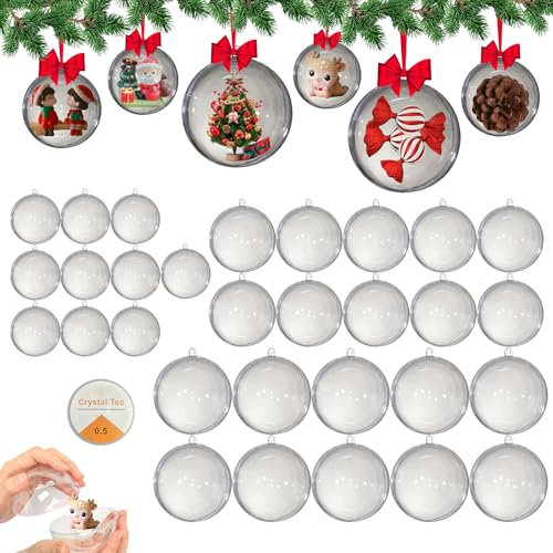 HONXUN 30 Stück plastikkugeln zum befüllen, Plastik weihnachtskugeln, Durchsichtige Kunststoffkugeln, weihnachtskugeln selbst gestalten Christbaumschmuck Kugeln für Weihnachtsschmuck,Weihnachtsbaum
