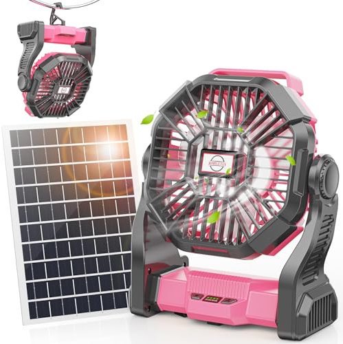 Art In Real 10400mAh Solar Fan, Camping Fan with 7W Solar Panel, Rechargeable Solar Powered Fan with LED Lantern,Portable Battery Operated Fan for Travel Picnic, Barbecue, Fishing,Outdoor&Indoor