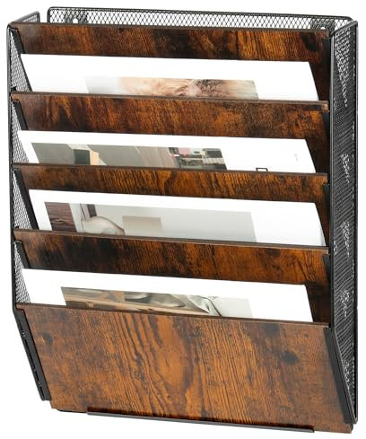 Solinxe Porte Document Mural 5 Étages en Bois - Organisateur Bureau A4 pour Papiers, Revues, Fichiers avec Rangement Intégré, Noir/Antique (Maison, École, Bureau)