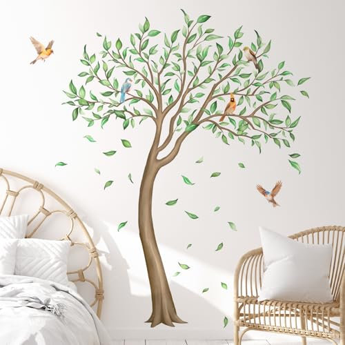 Decvictor Adesivi Murali Grande Albero Cerde Adesivi da Parete Foglie Vibranti Uccelli Adesivo Muro Decorativo per Soggiorno Camera Letto Corridoio Divano TV Sfondo Muro (W146 * H166 cm)