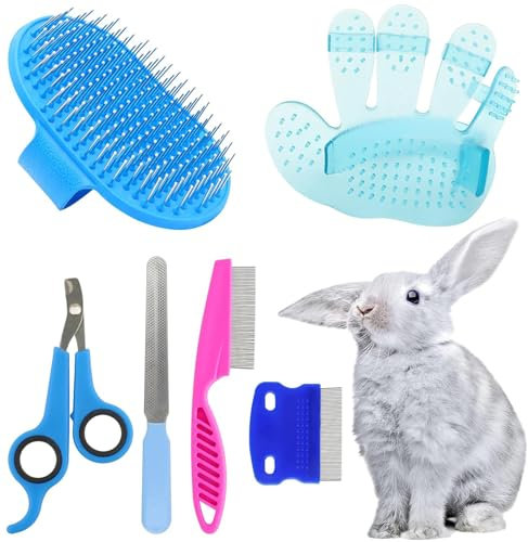 6 Piece Rabbit Grooming Kit, Rabbit Brush for Shedding with Bunny Nail Clipper, Set for Bunny Kitten Guinea Pig Cat Chinchilla Ferret Small Animals