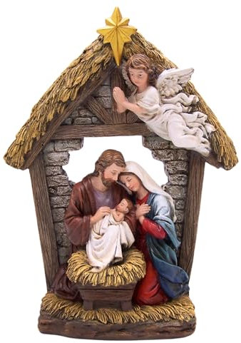 Wowser Krippenfigur mit Heiliger Familie und Engel, festliche religiöse Dekoration für Zuhause und Büro, freistehende Krippe, 26,7 cm