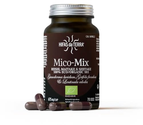 HIFAS DA TERRA - Mico-Mix Pilz Supplement mit reinem Extrakt aus Reishi, Maitake und Shiitake, Vitalpilze Pilzextrakt, Hochdosiert 10:1, 990 mg pro Tag - 70 Kapseln