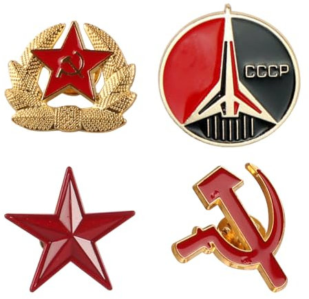 Sarini Lot de 4 Broches en métal avec emblème en Forme d'étoile, Symbole d'étoile, Faucille, Marteau, Badge pour vêtements, Sacs, Vestes et Accessoires de Bijoux