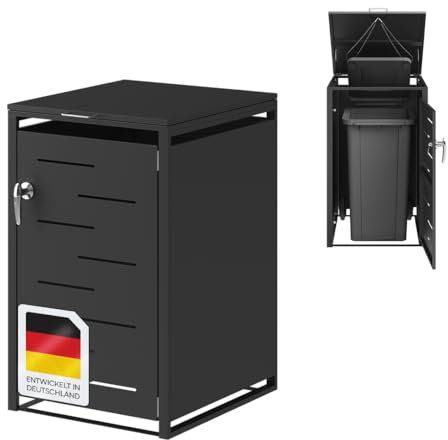 STEELSØN Diorus Mülltonnenbox 1er bis 240L abschließbar – Hochwertige Mülltonnenverkleidung für 1 Tonnen – Müllbox Stahl – Müllcontainer Schwarz - Mülltonnen Box wetterfest – Gerätebox mit Schloss