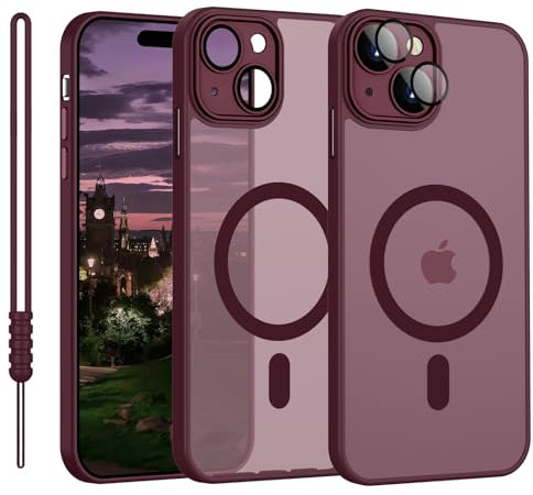YUANDMI Coque magnétique pour iPhone 15 Plus compatible avec MagSafe, étui pour iPhone 15 Plus translucide mat coque ultra fine silicone anti-glisse résistant aux rayures, prune