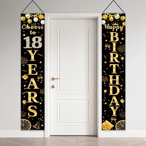 Deko 18. Geburtstag Junge Mädchen - Geburtstagsbanner Happy 18 Birthday Hintergrund Dekoration Schwarz Gold, Geburtstagsdeko Banner für 180 Geburtstagsparty Zubehör 180 x 30cm