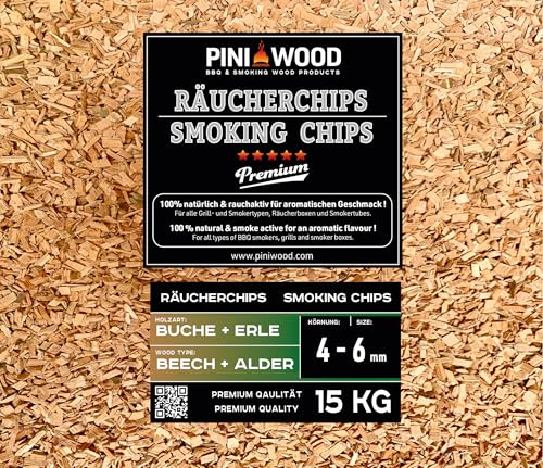 PINI 15 Kg Räucherchips Buche und Erle gemischt 4-6 mm Smoking Chips Räucherspäne