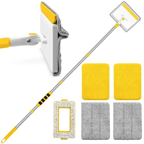 JEHONN Wischmopp Fliesenreiniger Gerät mit Langem Griff 142 cm, Wand und Fußleisten Reiniger, 4-in-1 Fliesen Reinigungsgerät mit 1 Bürste, 2 Chenille, 2 Mikrofaserpads für Fußbodenleiste (Gelb)