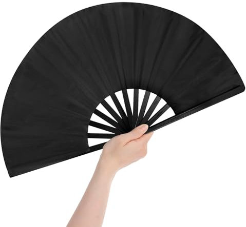 Grevosea Folding Hand Fan, Black Nylon-Cloth Vintage Retro Fabric Hand Held Fans Chines/Spanish Foldable Fan for Women/Men Wedding Party Favor Performance Dance Home Decorations Festival Gift 25