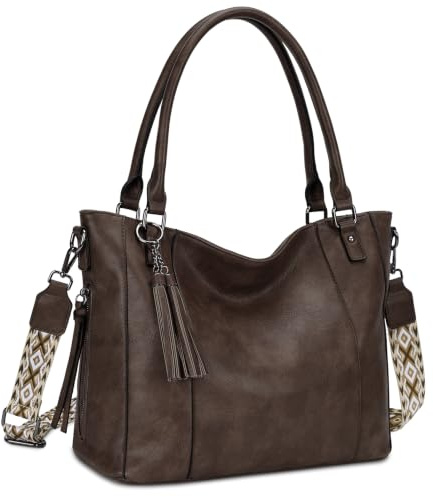 VASCHY Handtasche Damen, Leder Umhängetasche Groß Schultertasche Shopper Hobo Tasche Tote Bag mit Abnehmbarem Gitarrengurt