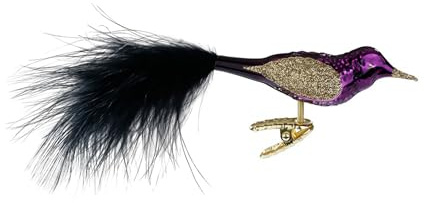 Christbaumschmuck Vogel auf Clip 10cm mundgeblasenes Glas handbemalt - Glasfigur Dekovogel mit Glitzerflügeln und schwarzem Federschwanz auf Klammer - Weihnachtskugeln - Vögel Deko Violett