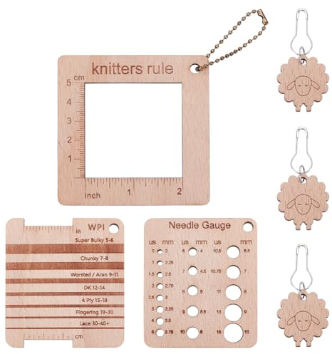 UNICRAFTALE 3 Stück Strickmaßlineal Aus Holz In 3 Stilen Quadratisches Strickwerkzeug Aus Holz Nählineale Mit 3 Markierungsknöpfen Und Kugelkette Für Kunstnähen Stricken Und Basteln