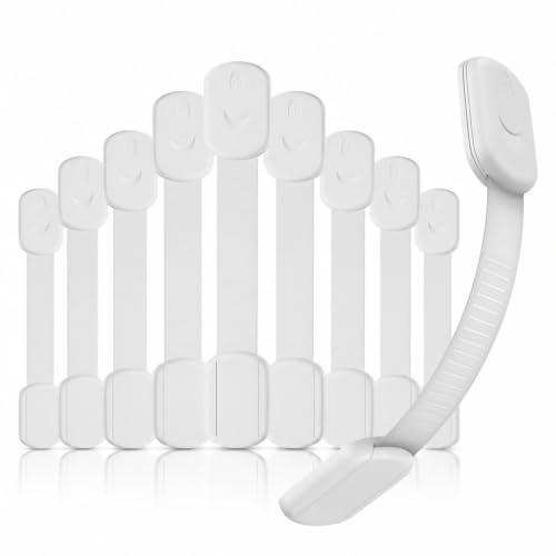 Safety Cupboard Locks for Children-10 Pack| 3M Adhesive + 4 Extra Stickers | Adjustable strap locks for cabinets, drawers, Cupboards, fridges, no drilling needed with smooth BPA-free baby-safety design.