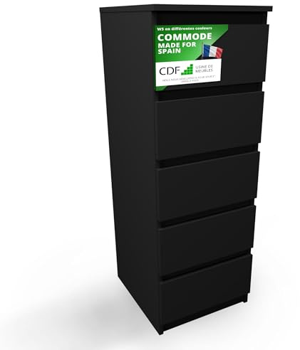 CDF Kommode Schwarz Hoch Schubladenschrank mit 5 Schubladen Schmal Komode | 40B x 45T x 111H Wohnzimmer Schlafzimmer Flur Schrank Sideboard Highboard viel Stauraum Sideboard Malm Kommode Modern