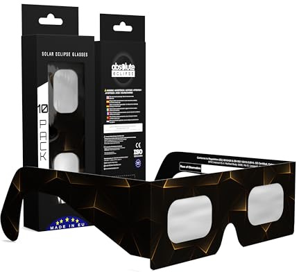 Absolute Eclipse Sonnenfinsternis Brille 2026 zum Sehen der Sonnenfinsternis - ISO 12312-2 CE Zertifiziert - 10er Pack - Design Goldline - Erwachsene Kinder - EU Hersteller Anerkannt AAS