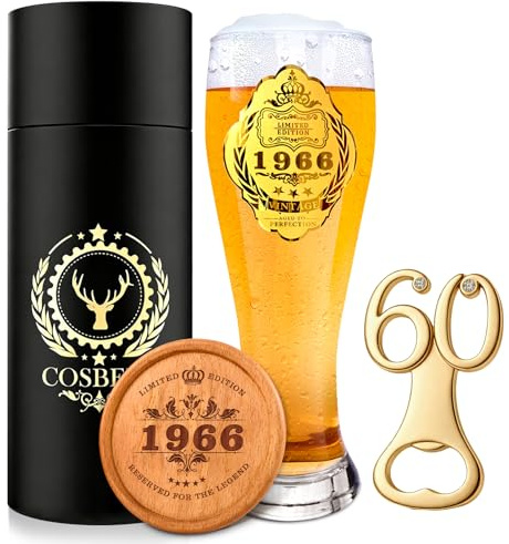 COSBERY 1966 60th Birthday Gifts for Men, Personalised 60th Birthday Decoration Beer Gifts for Men, 1966 Beer Glass 550ml, 60 Beer Bottle Opener, Wooden Coaster, Mens Present for Dad Brothers Friends