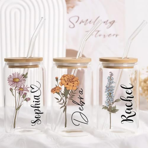 BFBZYME Taza De Cristal De Flor De Nacimiento Personalizada Con Nombre, Vaso De Cristal De Regalo De Dama De Honor Personalizado, Recuerdos De Fiesta De Boda, Taza De Café Helado Con Tapa Y Pajita