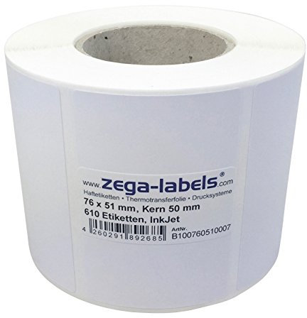 Inkjet Etiketten auf Rolle - 76 x 51 mm - 610 Stück je Rolle - Kern: 50 mm - Papier weiss glänzend - aussen gewickelt - permanent haftend - Druckverfahren: Ink Jet (Rollen Tintenstrahl Drucker)