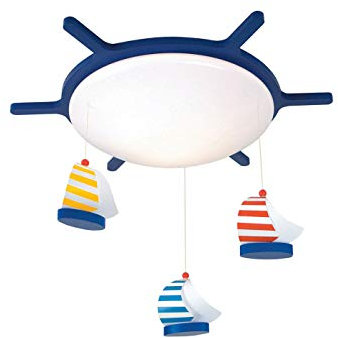 Dimmbare LED Kinderzimmerlampe rund Ø53cm, Design Steuerrad mit zauberhaftem Mobile, bunte Segelboote *schwimmen* im Kinderzimmer