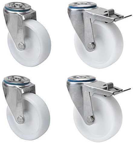 Satz Transportgeräterolle Edelstahl 100 mm Rad aus Polyamid Rückenloch Lenkrolle mit ohne Feststeller V2A INOX Edelstahlrolle Polyamidrad Totalfeststeller Bremse Stop