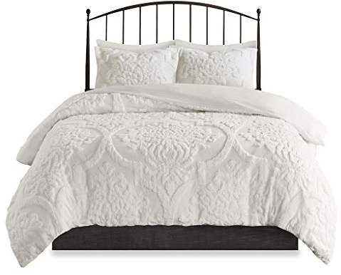 Madison Park Getuftetes Chenille-Bettwäsche-Set aus 100% Baumwolle, modern, luxuriös, für alle Jahreszeiten, Doppelbettgröße (228,6 x 228,6 cm), Damast, gebrochenes Weiß, 3-teilig