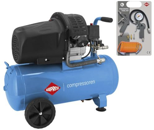 Airpress 36888, Compresor de aire de 2 pistones HL 425-50 8 bar 3 CV / 2,2 kW 260 l/min 50 L + Kit de accesorios neumáticos