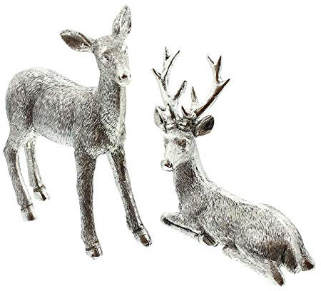 2 Deko-Figuren REH & Hirsch, aus Polyresin, Silber glänzend, Tierfigur, 13 + 17 cm hoch, Tier-Skulptur, Weihnachtsdeko, Tischdeko