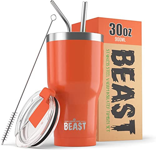 Beast Thermobecher 900 ml - Orange I Mehrweg Thermo Kaffeebecher To Go mit 2 Strohhalmen & Reinigungsbürste I Doppelwandiger Trinkbecher aus Edelstahl I Perfekt für Kaffee oder Eiskaffee I BPA-frei