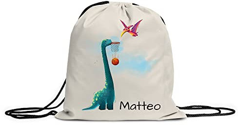 LOOXIS Personalisierter Turnbeutel für Kinder mit Namen & Motiv bedruckt – Kordelzug, Leinenhaptik – Geschenkidee Jungen, Mädchen, Einschulung, Sport, Spielzeugsack, Wechselkleidung – Sport Dino