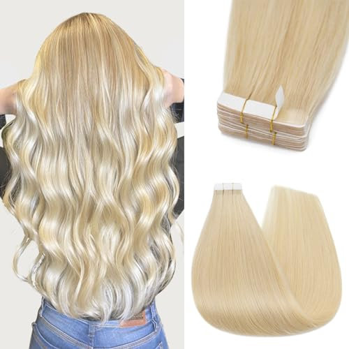 Silk-co Tape Extensions Echthaar 10stk, Remy Tape in Extensions Haarverlängerung, Skin Weft Echthaar Haarextensions Tape Kleber 25g, 613# Bleichblond 45cm