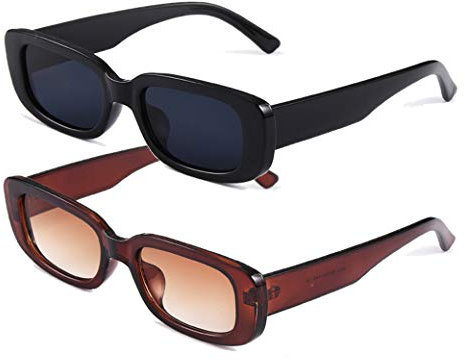 Long Keeper Sonnenbrille Damen Vintage Rechteckig 90s Retro Sonnenbrille Für Damen Herren Mit Uv Schutz (Schwarz+Braun)