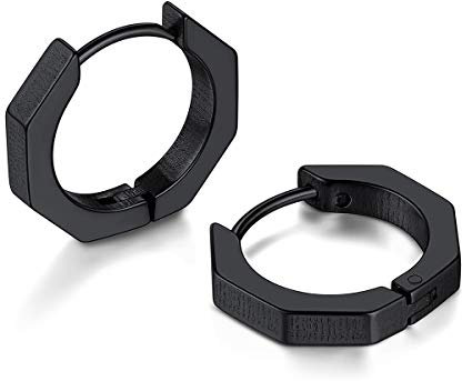 FOCALOOK Herren Ohrringe schwarz Edelstahl Achteckige Huggie Creolen Ohrstecker Ohr Piercing Punk Stil Modeschmuck Accessoire für Jungen Mädchen