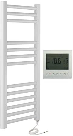 Greenedhouse Milano WHITE Flat Electric Towel Rail W300mm x H800mm Flat Electric Towel Radiator With Timer