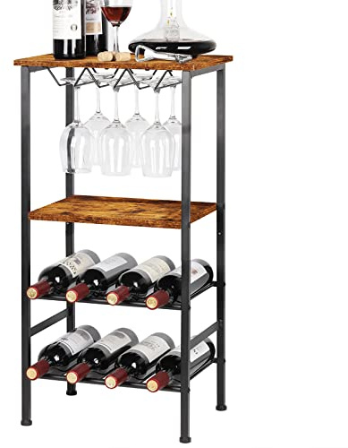 CADUKE Wine Rack Freestanding Floor, Wine Table Bar Cabinet with Glass Holder Wine Rack with Storage Shelves Wine Display Rack Hold 8 Bottle and 9 Glasses, Industrial Brown