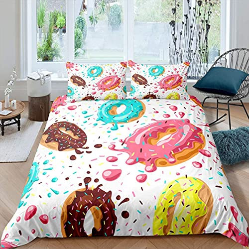 Loussiesd Donuts Bettwäsche 135x200cm Dessert Bettbezug Set für Mädchen Kinder Schlafzimmer Geschenk Girly Süßes Essen Bettwäsche Set Bunt Bettbezug mit 1 Kissenbezug 80X80cm
