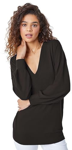 Roman Originals V-Neck Jumper for Women UK Ladies Boyfriend Fit Slouch Sweater Winter Autumn Textured Casual Flattering Knit Pullover Knitwear Daywear Lightweight Lounge - Black - Size 10