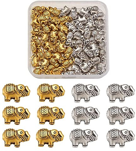 Craftdady 60 Stück tibetischer Stil Perlen Elefant kleine lose Abstandshalter Perlen Antik Silber Antik Gold für Schmuck Armbänder Herstellung