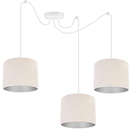 Light-Home Milan Spider Hängelampe - Hängeleuchte in Spinnenform - Deckenlampe – Spinne Lampe mit 3 Kopf - Hängeleuchte aus Metall und Stoff - E27 - Helles Beige und Silber - Weißes Kabel