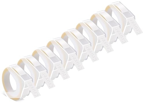 Cruxer Präglingstejp ersättning för Omega etikettband, självhäftande präglingstejp, 9 mm x 3 m, vita på klara vinyletiketter för Omega Junior präglingsetiketter, 8-pack