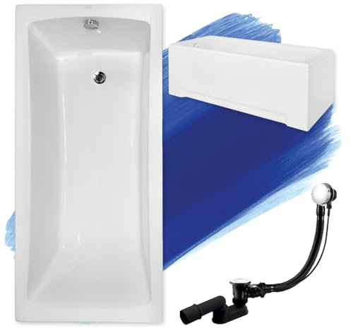 Baignoire rectangulaire Optima Premium 170 x 70 cm - Avec tablier en acrylique blanc + poignées, pieds d'appui-tête et bonde automatique exclusive chromée - Fabriqué en UE - 6 en 1